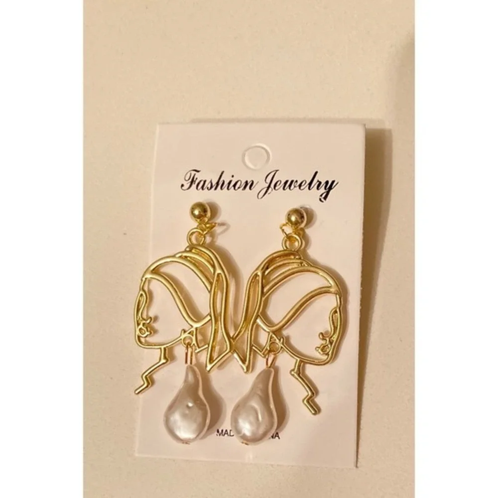 Abstract Gold Line Face Earrings with Baroque Pearl Drop Artistic Statement new - Picture 7 of 7